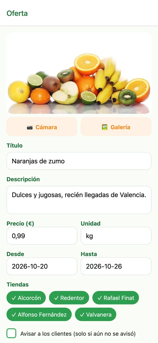 App La Favorita: Panel del dueño: subir oferta